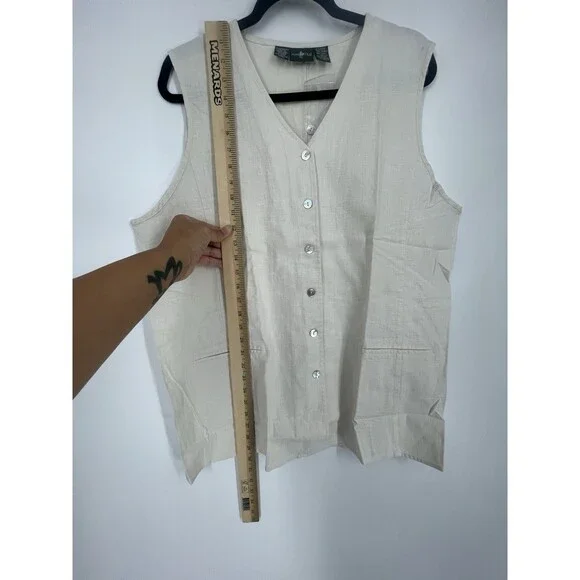 VTG 90s Linen Vest Beige Boho Layer Minimalist Lagenlook Cotton Mother of Pearl - Picture 6 of 8
